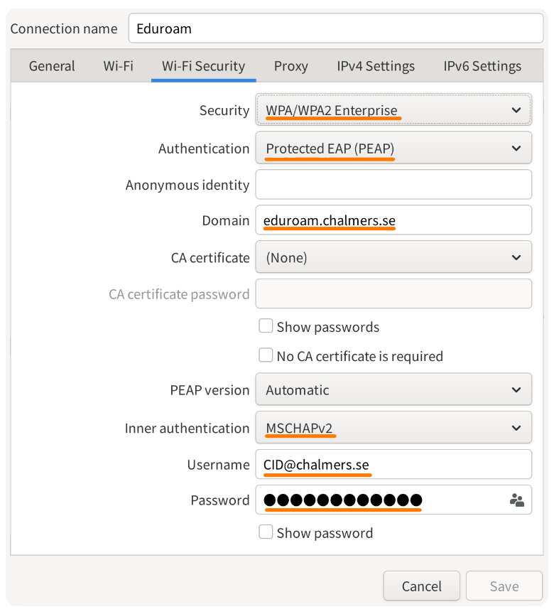 Netoworkmanager settings for Eduroam